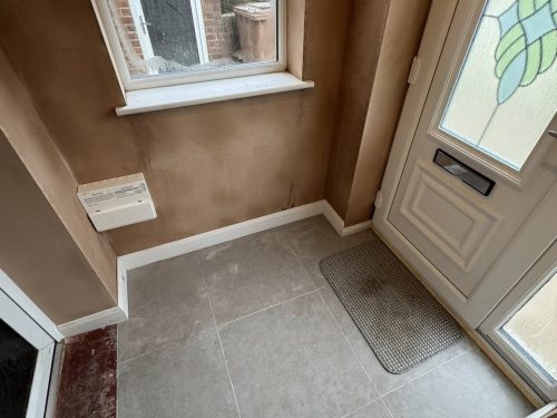 New porch plastering in Lincolnshire showing freshly finished interior walls during construction