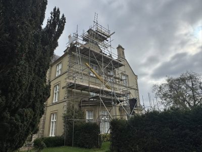 Scaffolding installed around a listed building renovation project in Lincolnshire